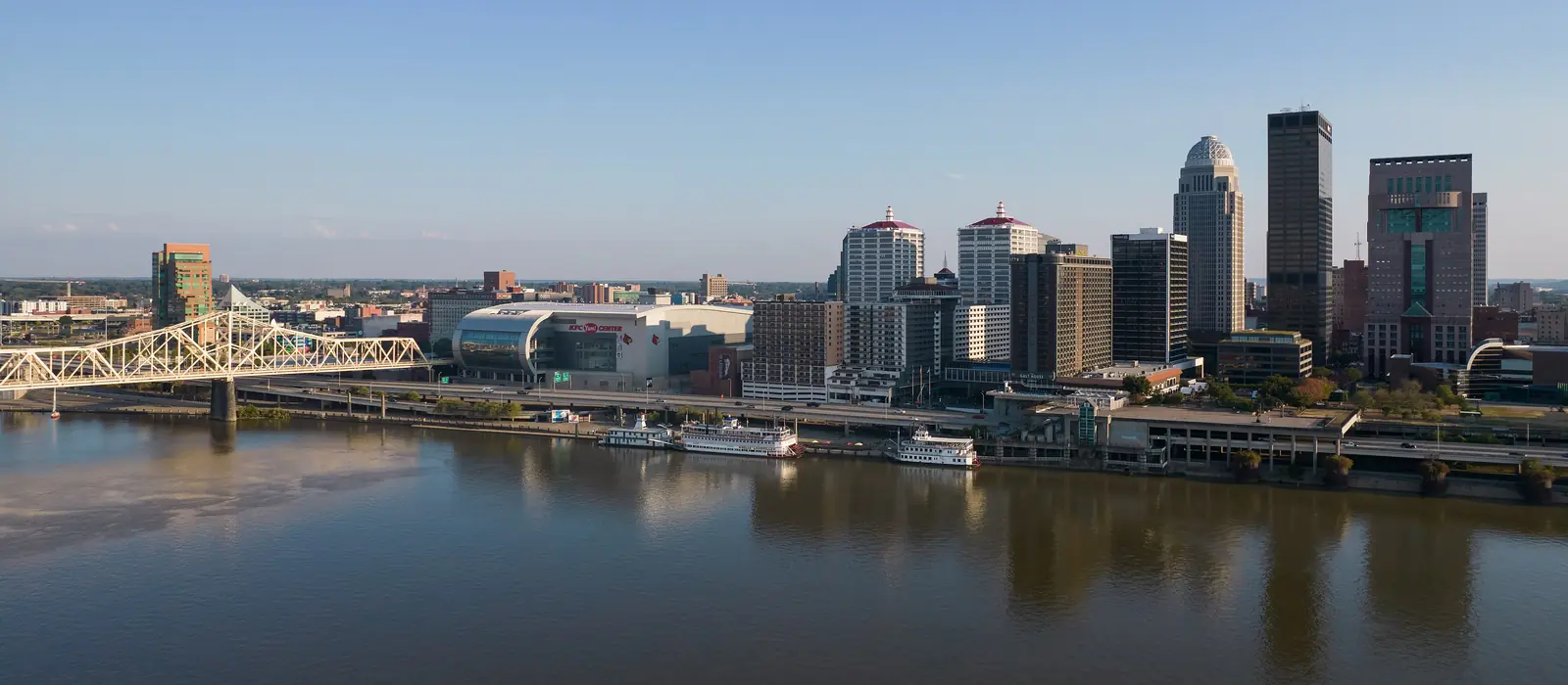 Downtown Louisville skyline and the Ohio River waterfront from above the river