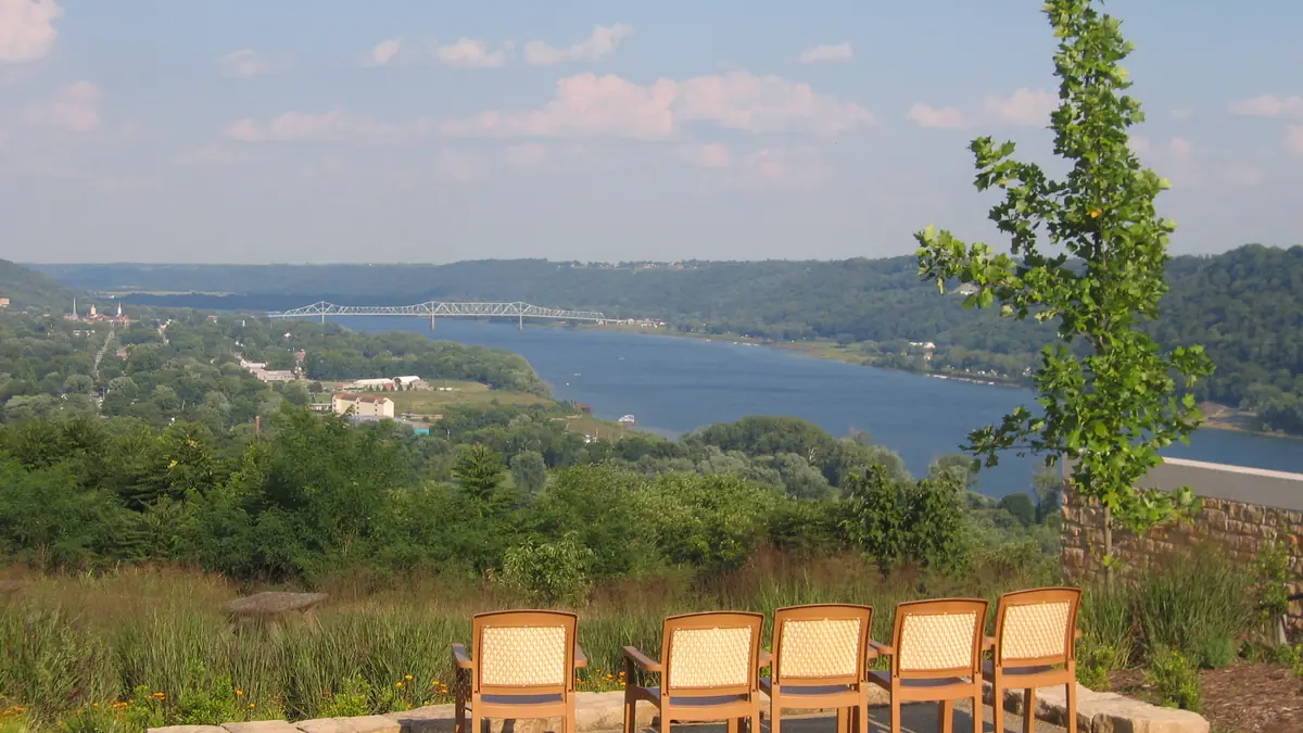 Chairs on a terrace overlooking the Ohio River valley at Madison, Indiana
